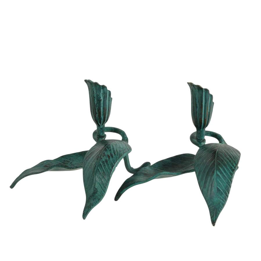 Pair of Figural Wrought Iron Green Leaf Candleholders-2