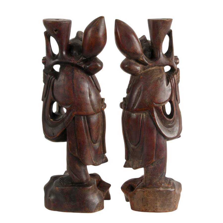 Pair of Japanese Edo Period Carved Fisherman Candlesticks-3