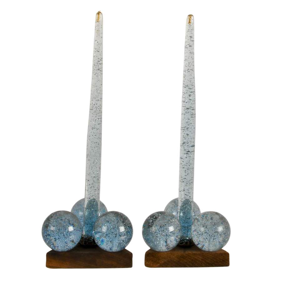 Pair of Mid-Century Controlled Bubble Lucite Faux Candlesticks-1