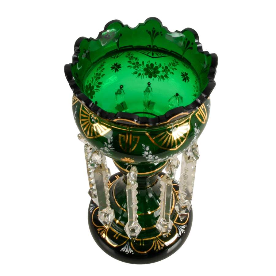 Pair of Antique Green Bohemian Glass Lusters with Hanging Crystal Prisms-6