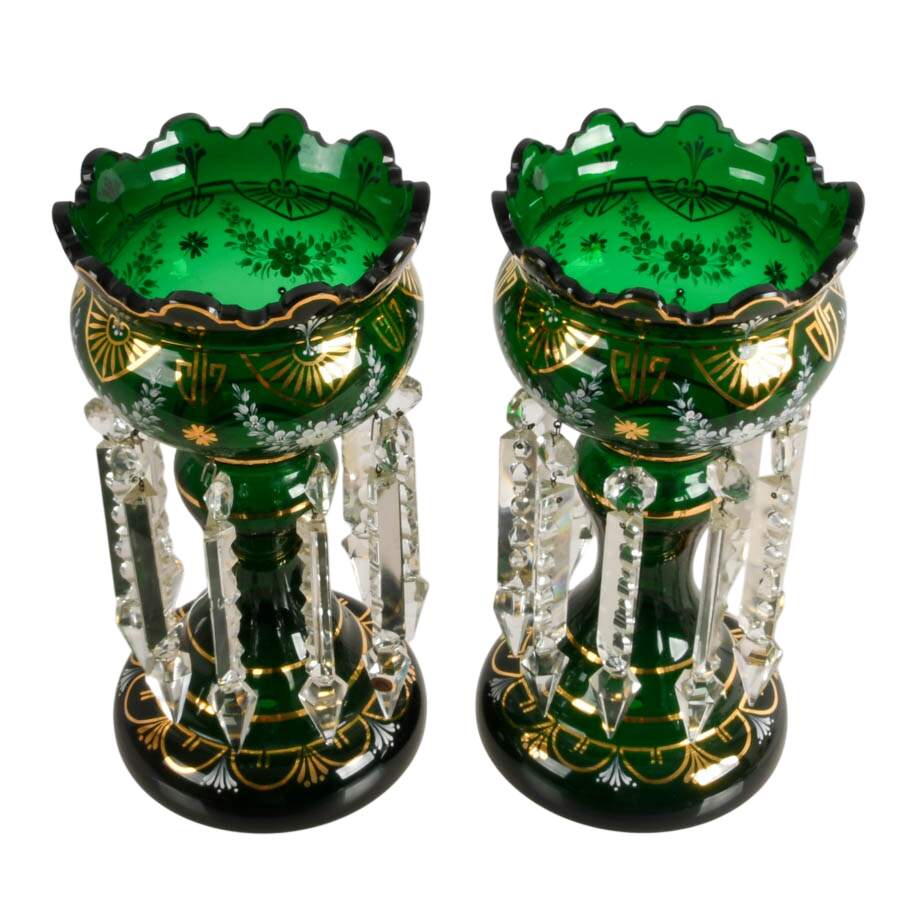 Pair of Antique Green Bohemian Glass Lusters with Hanging Crystal Prisms-3