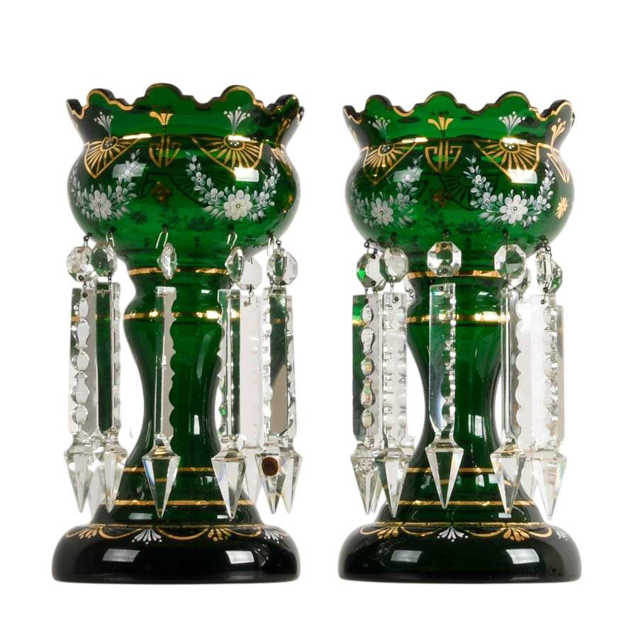 Pair of Antique Green Bohemian Glass Lusters with Hanging Crystal Prisms-2