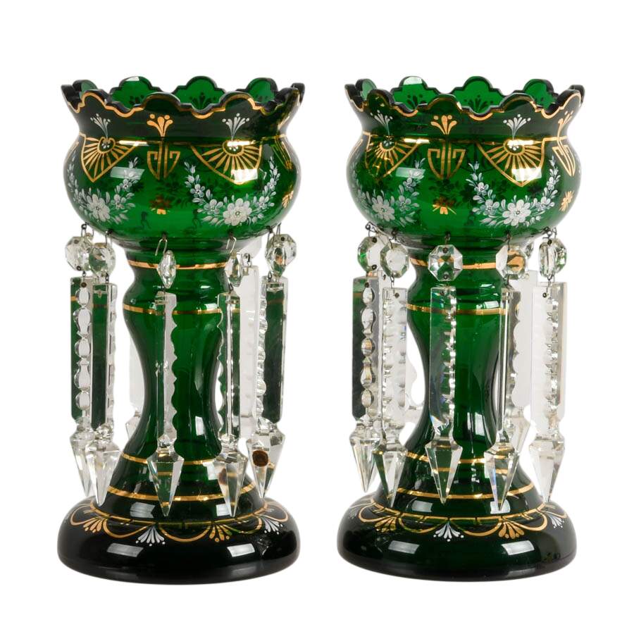 Pair of Antique Green Bohemian Glass Lusters with Hanging Crystal Prisms-1