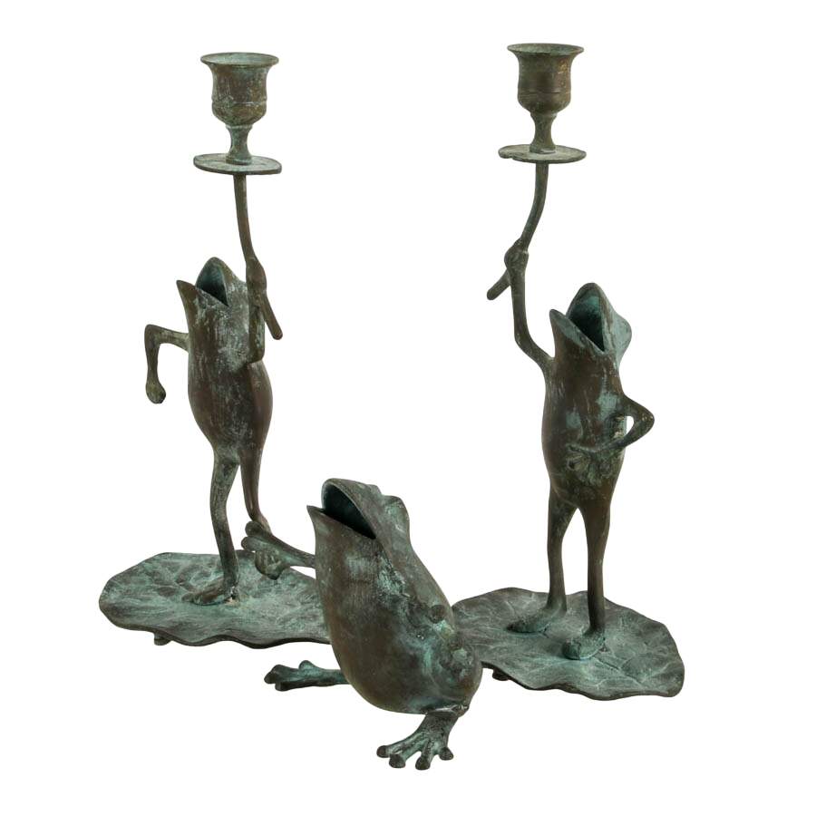 Three Piece Verdigris-Look Metal Frog Candlestick Set with Match Holder-4