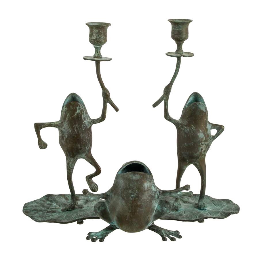 Three Piece Verdigris-Look Metal Frog Candlestick Set with Match Holder-3