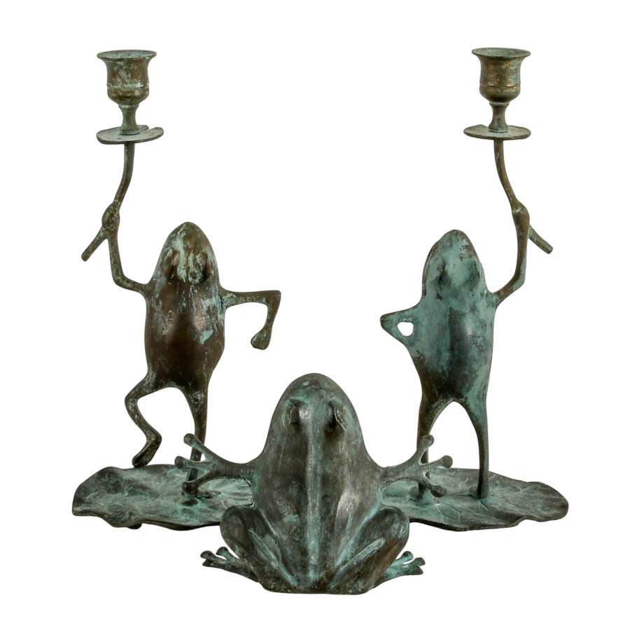 Three Piece Verdigris-Look Metal Frog Candlestick Set with Match Holder-1