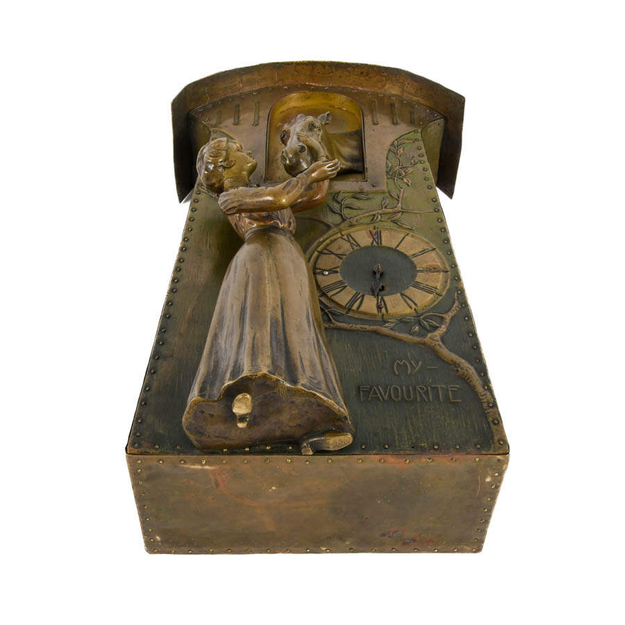 Arts Nouveau Figural Woman and Horse Mantle Clock-9