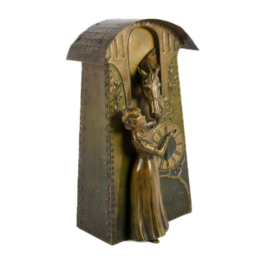 Arts Nouveau Figural Woman and Horse Mantle Clock-8