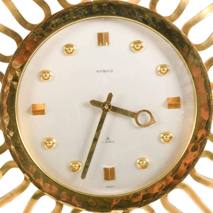 Mid-Century Modern Semca Swiss Brass Wall Clock-2