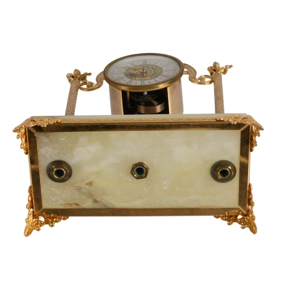 Vintage West German Gilt Metal Green Onyx Mantel Clock with Cherub Finials-8