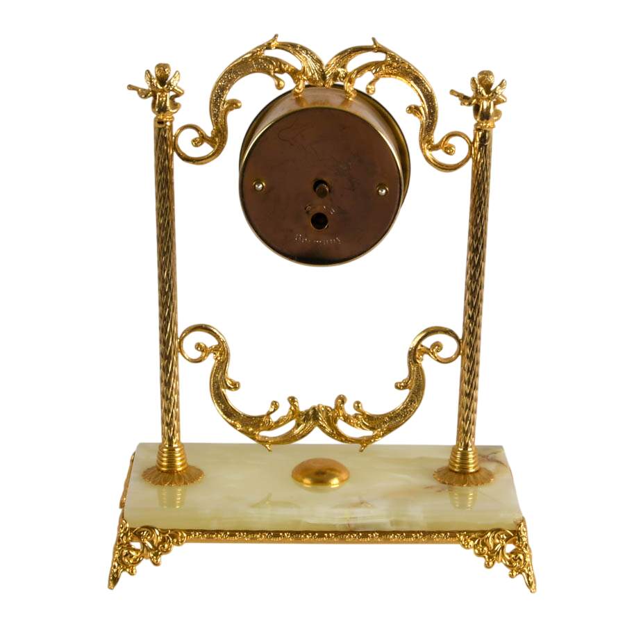 Vintage West German Gilt Metal Green Onyx Mantel Clock with Cherub Finials-5