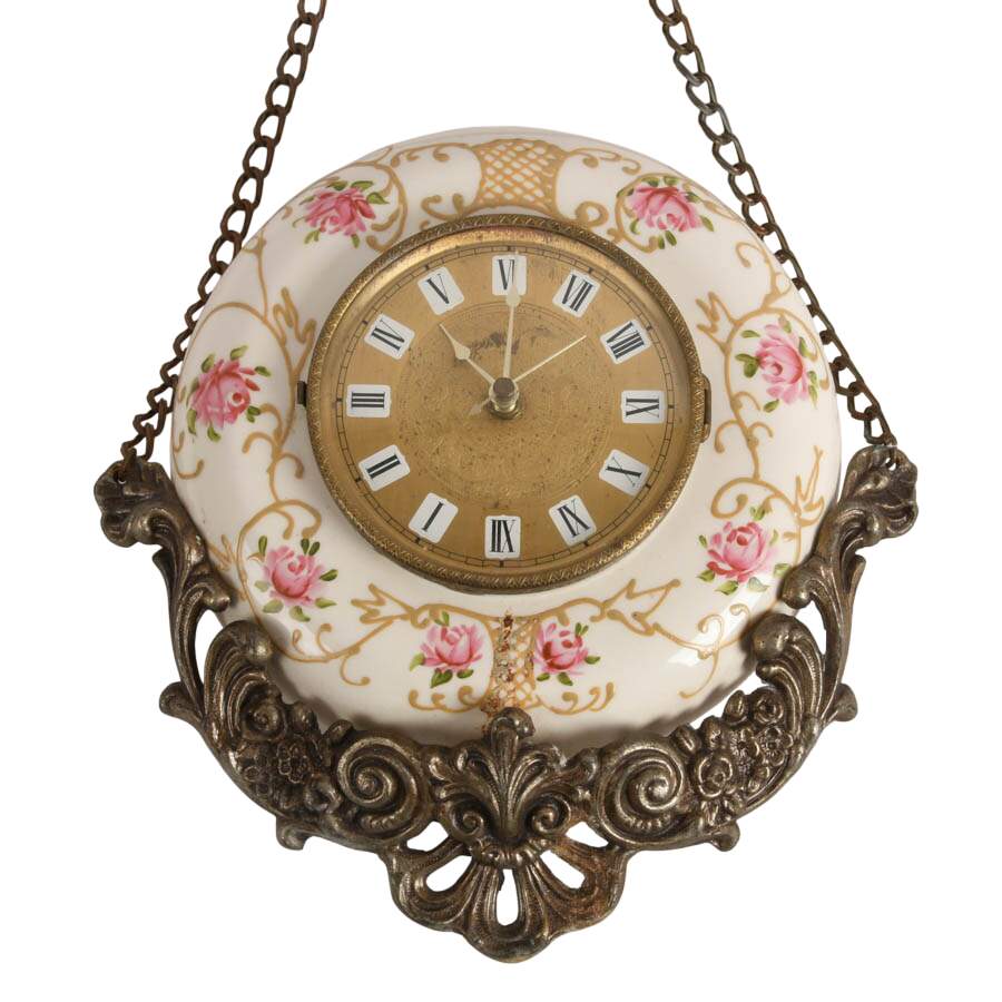 French Hand-Painted Floral "Boulangère" Hanging Wall Clock-3