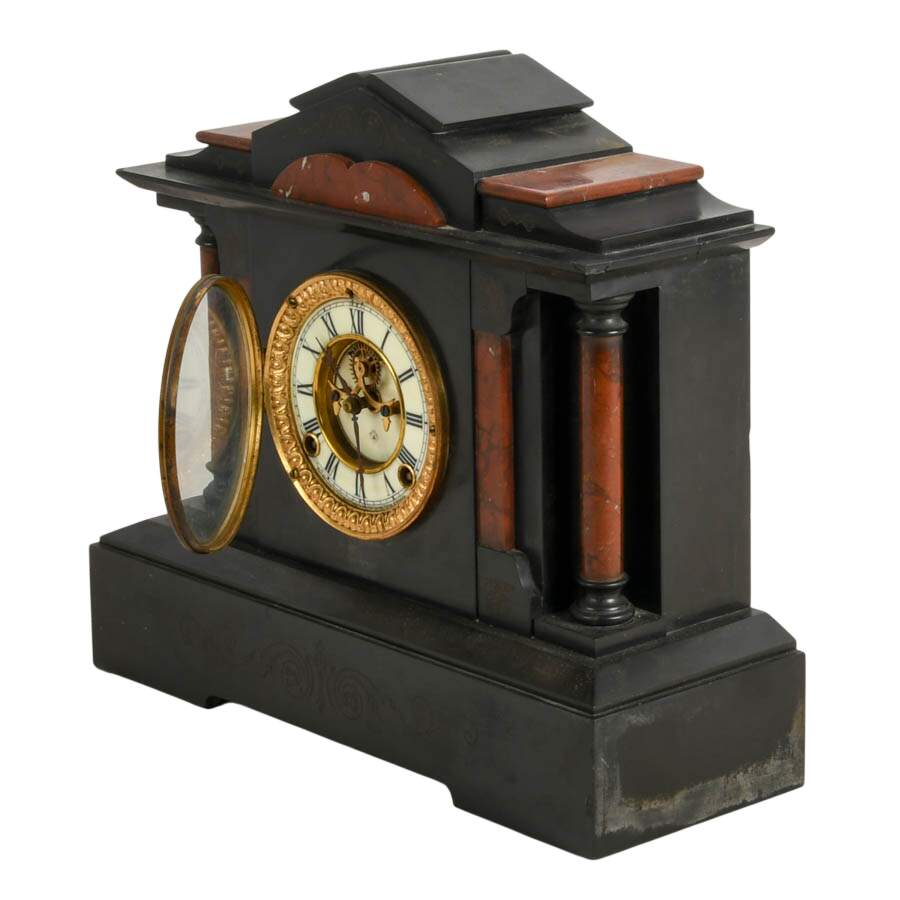 Antique Ansonia Black Onyx and Rouge Marble Mantel Clock-4