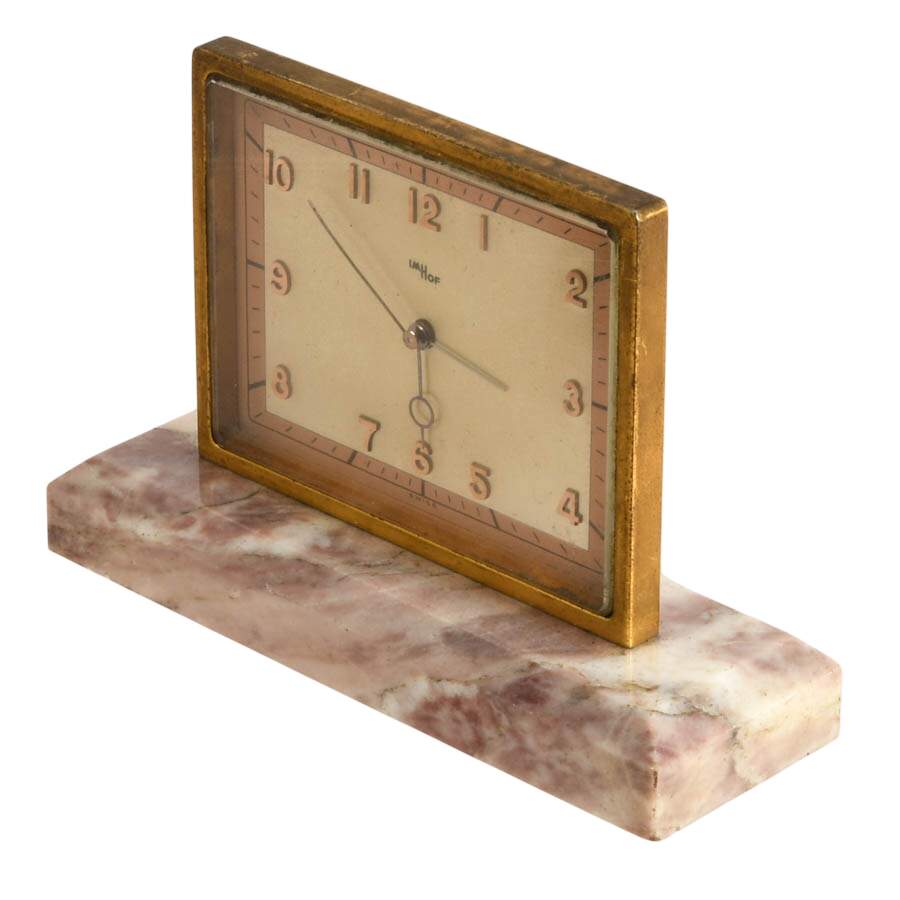 Imhof Swiss Art Deco Desk Clock on Pink Marble Base-3