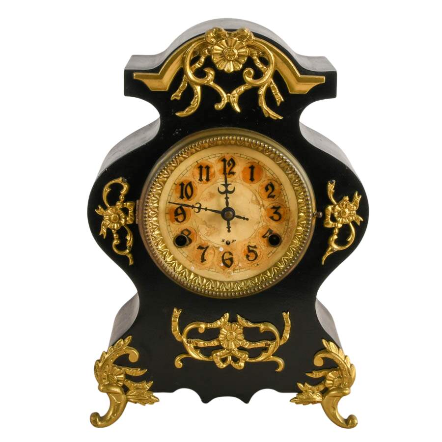 New Haven Clock Company Cast Iron Mantel Clock with Gilt Ribbon Motif-1