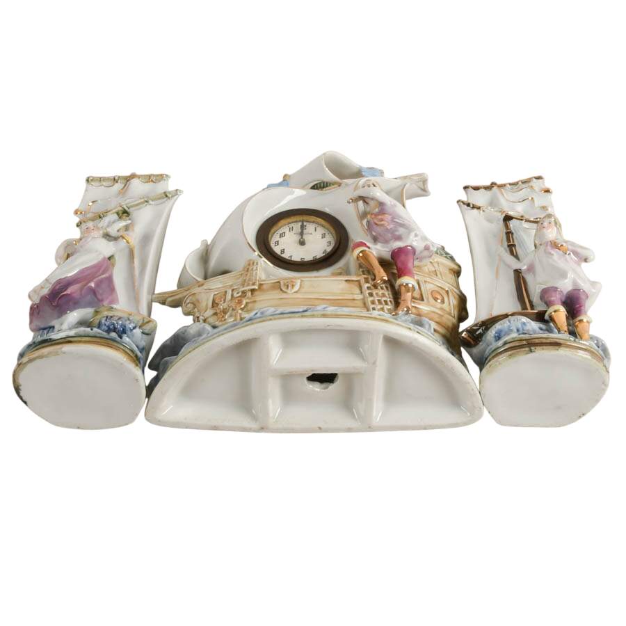 German Porcelain New Haven Figural Ship Mantel Clock Set-5