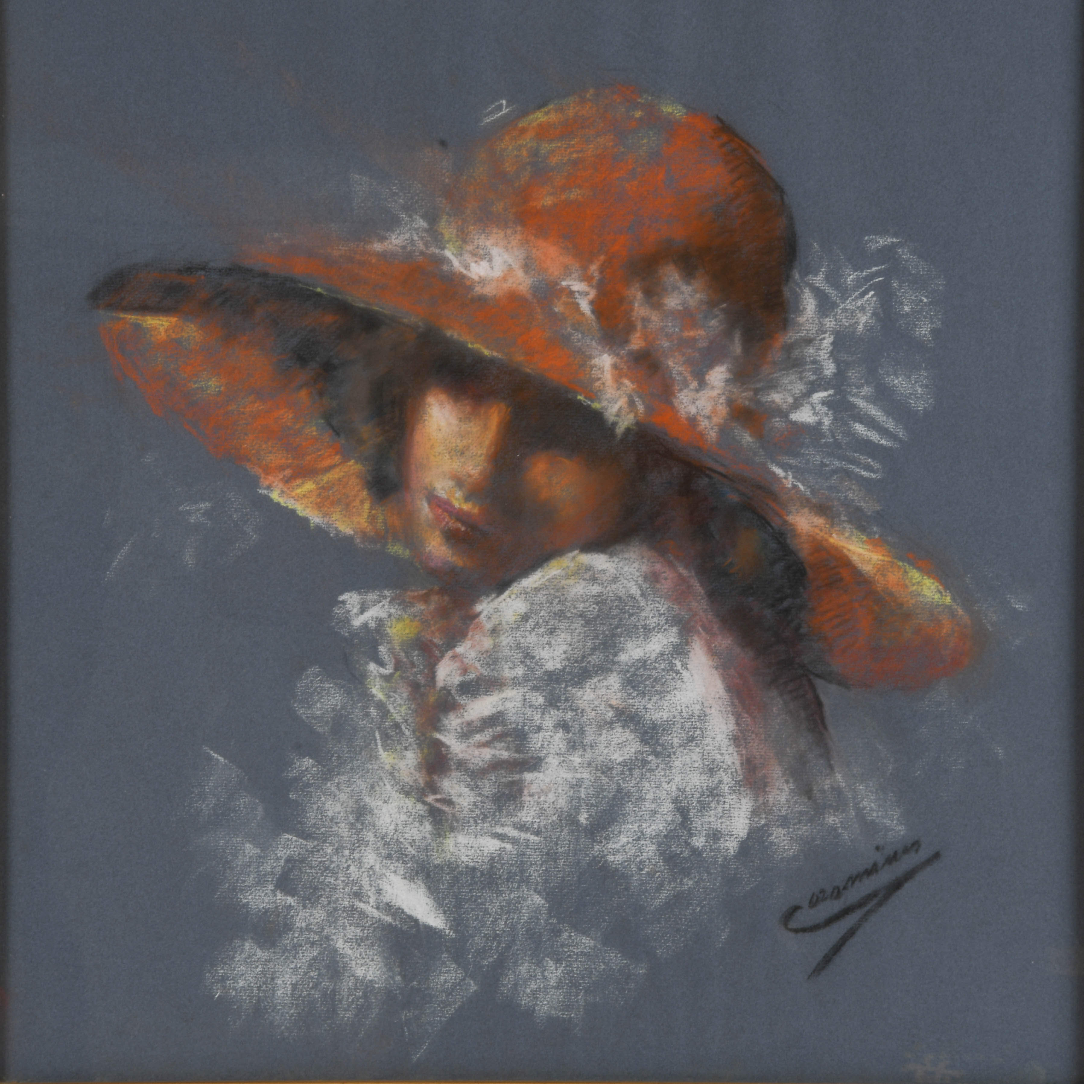 Framed Signed "Girl in Red Hat" Pastel on Paper-2