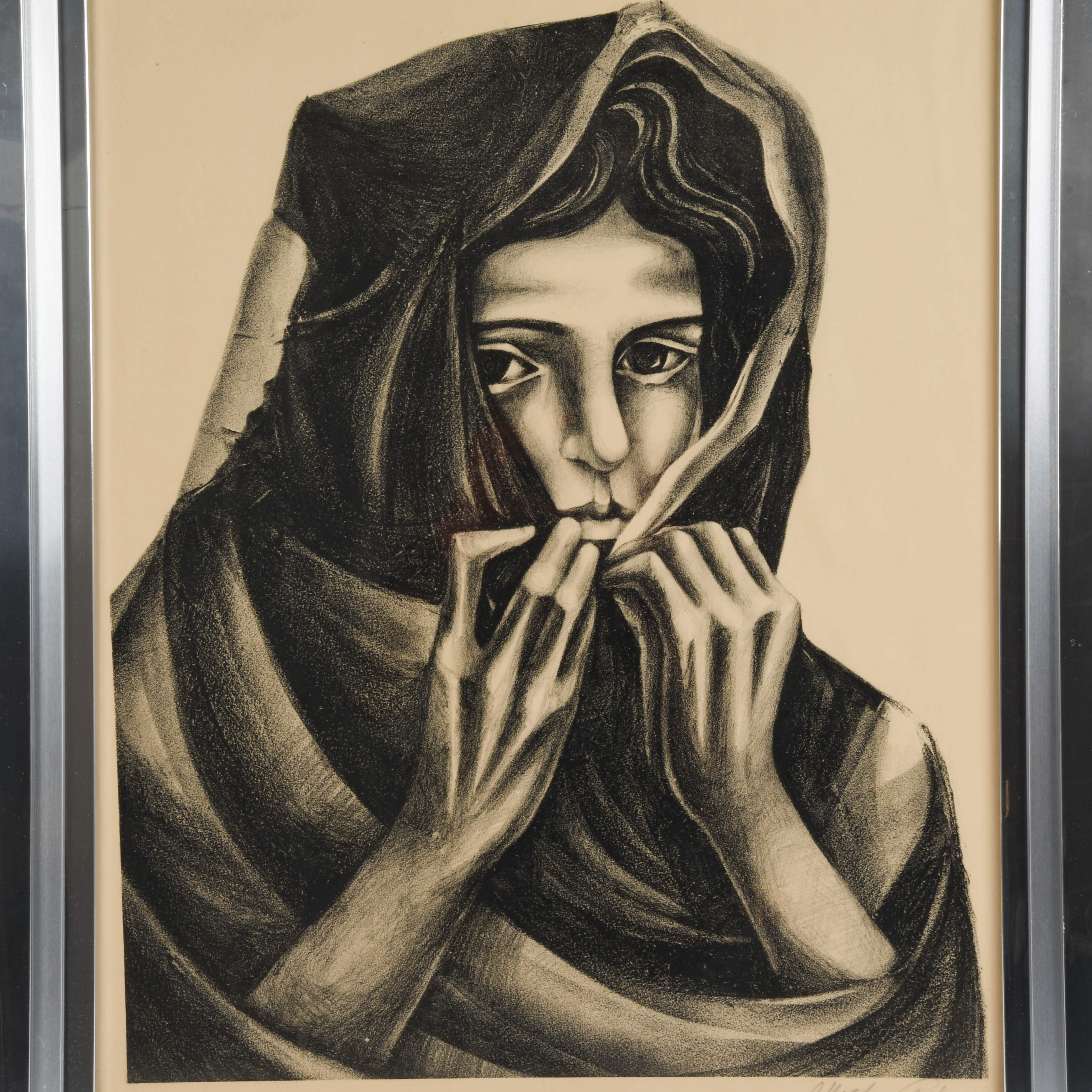 Framed Signed Moshe Gat "Untitled Portrait" Charcoal on Paper-2