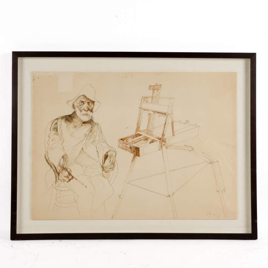 Framed Signed Carlos Alonso Self Portrait Drawing on Paper-1