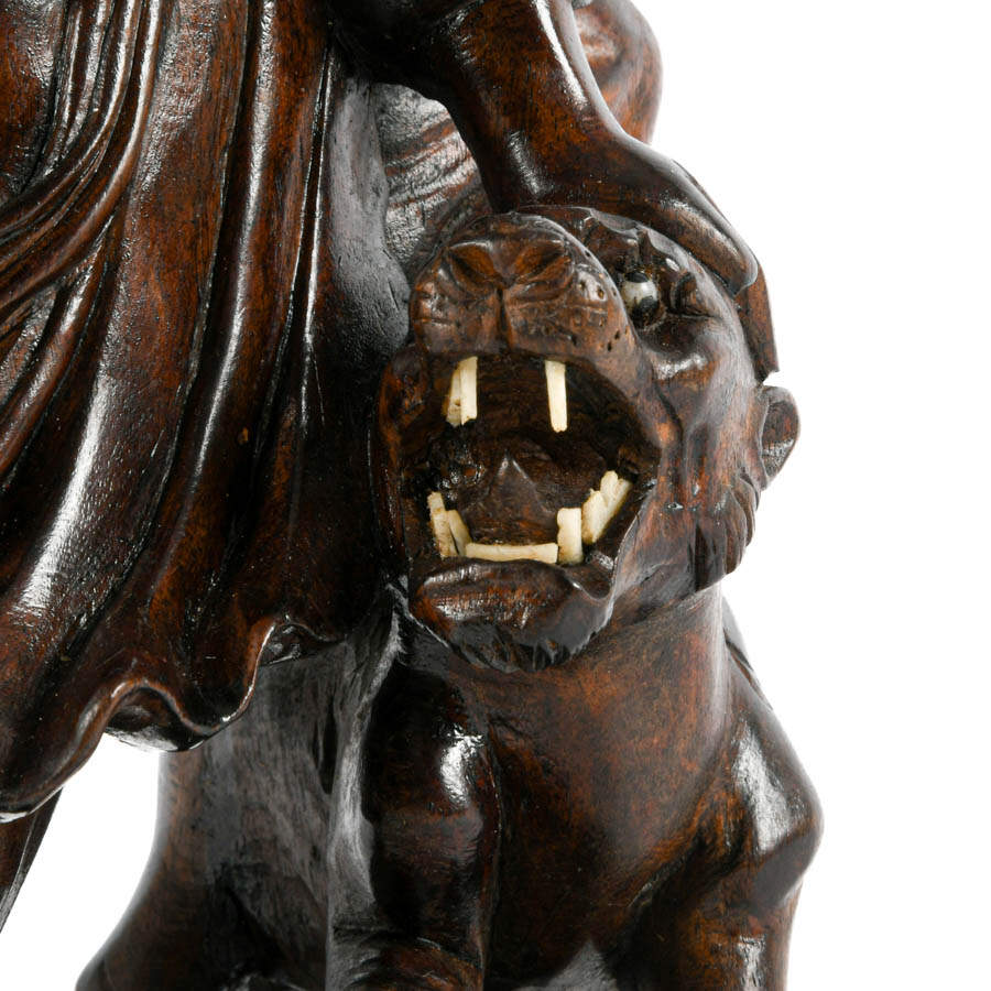 Chinese Carved Wood Man with Tiger Figure-3