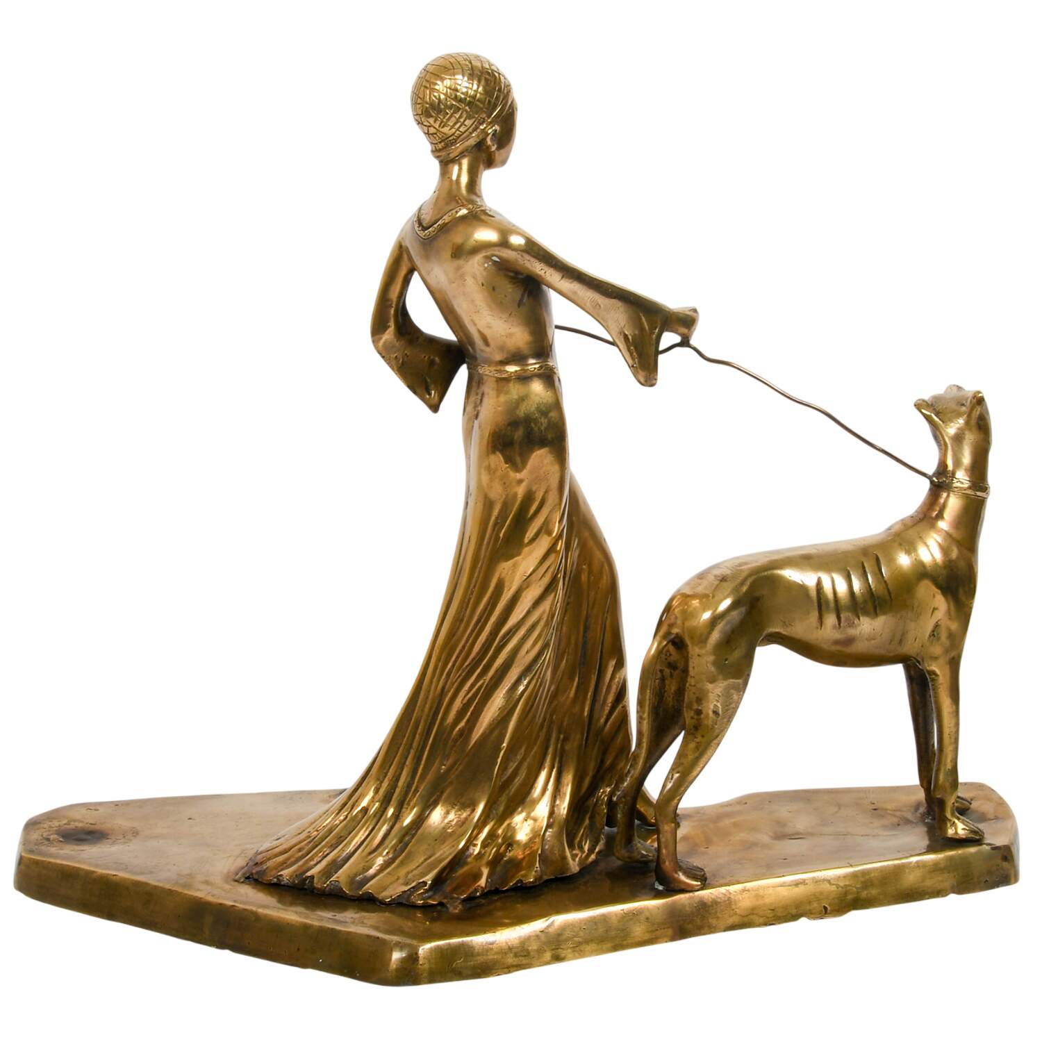 Bronze Art Deco Figural Dog and Lady Grouping Sculpture-6