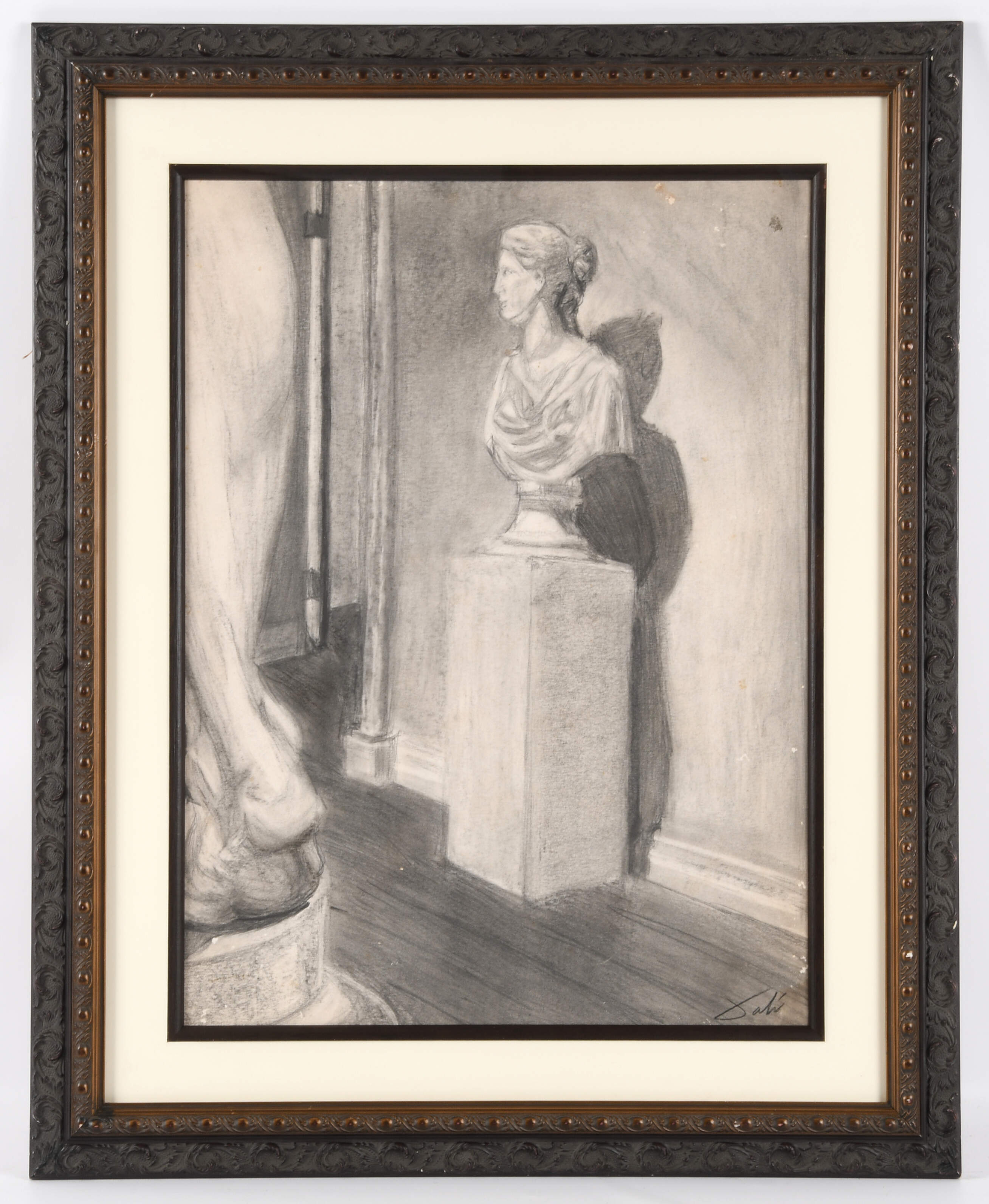 Framed Signed Gallery Scene with Female Bust Charcoal on Paper-1