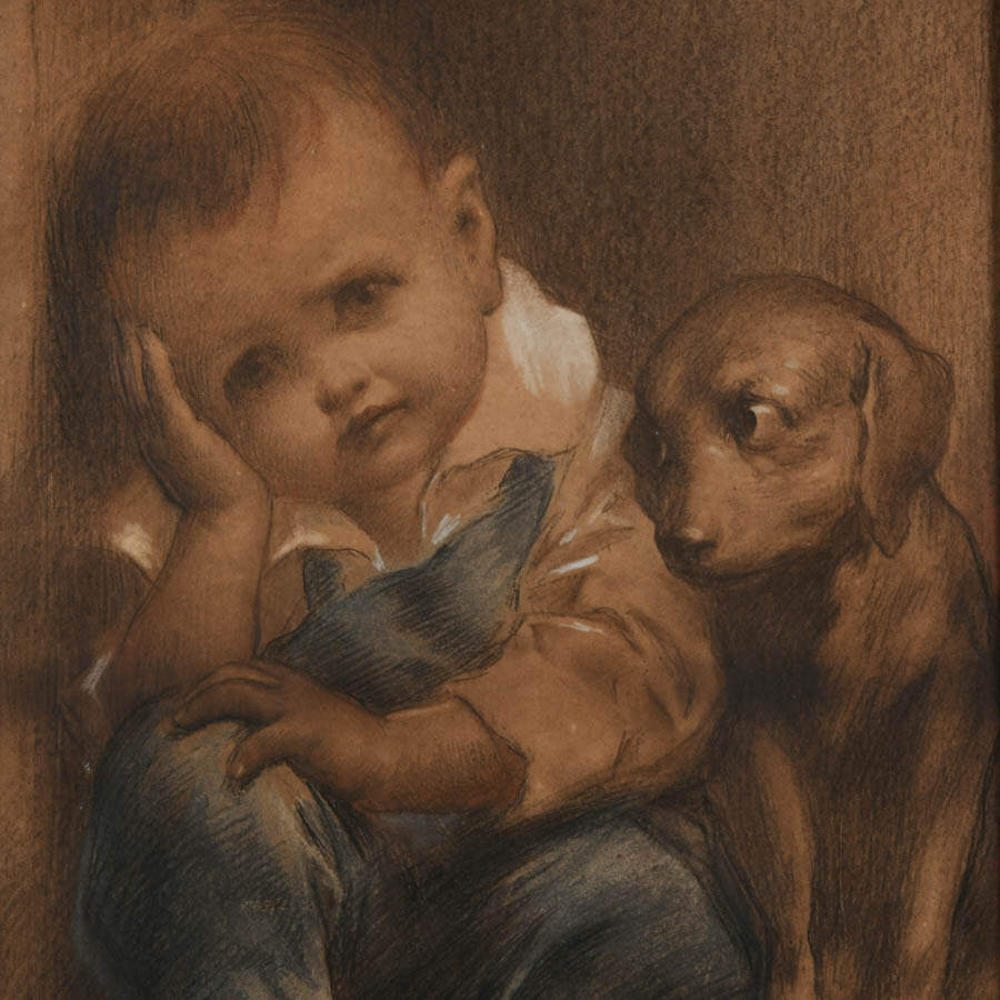 Framed Boy and His Dog Pastel on Paper Signed by Isaac "Ike" Morgan 1904-3