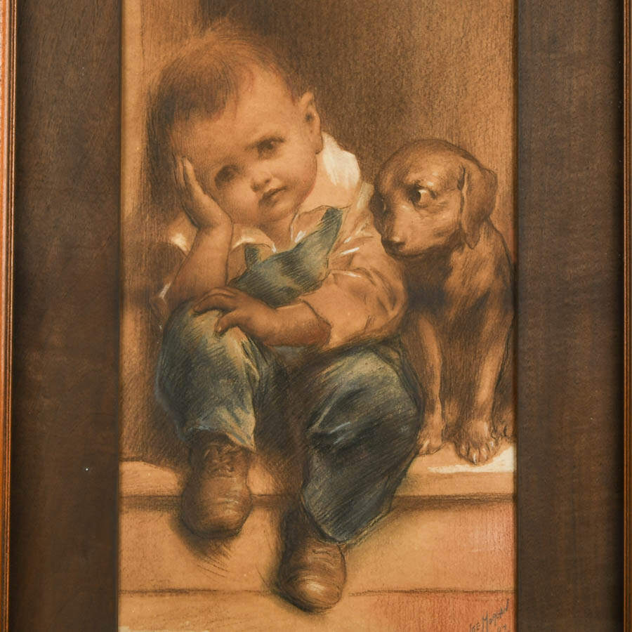 Framed Boy and His Dog Pastel on Paper Signed by Isaac "Ike" Morgan 1904-2