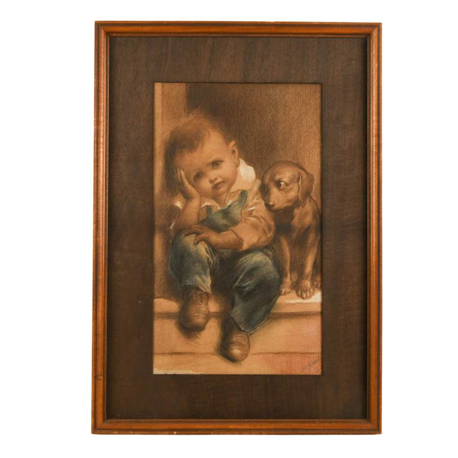 Framed Boy and His Dog Pastel on Paper Signed by Isaac "Ike" Morgan 1904-1