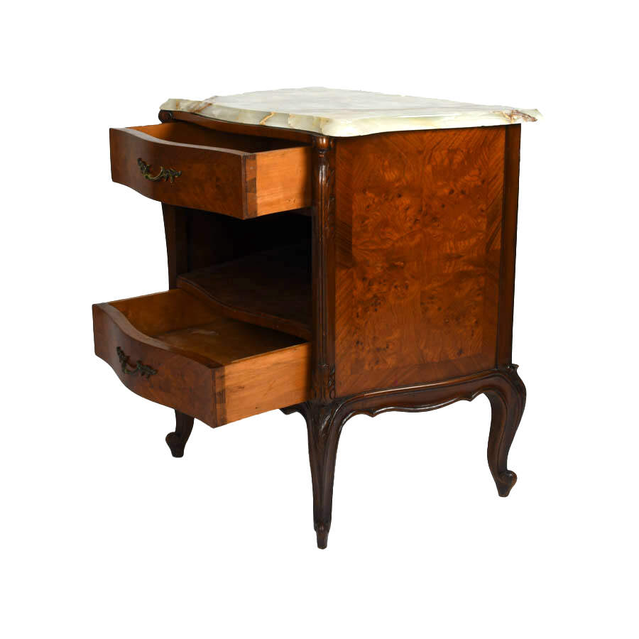Antique French Two Drawer Walnut and Marble Top Nightstand-5