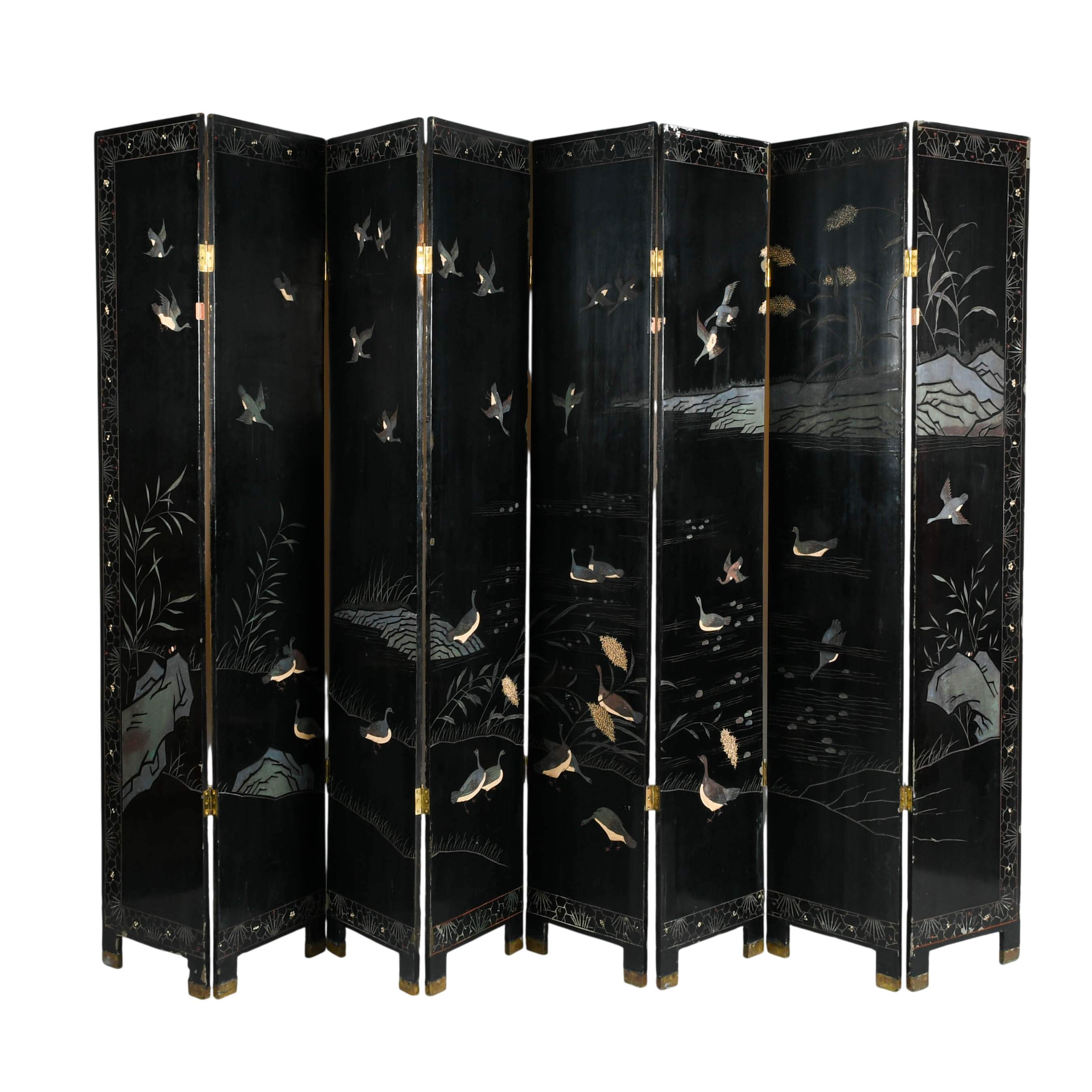 Chinese Eight Panel Black Lacquered Wooden Double Sided Room Screen Divider-12