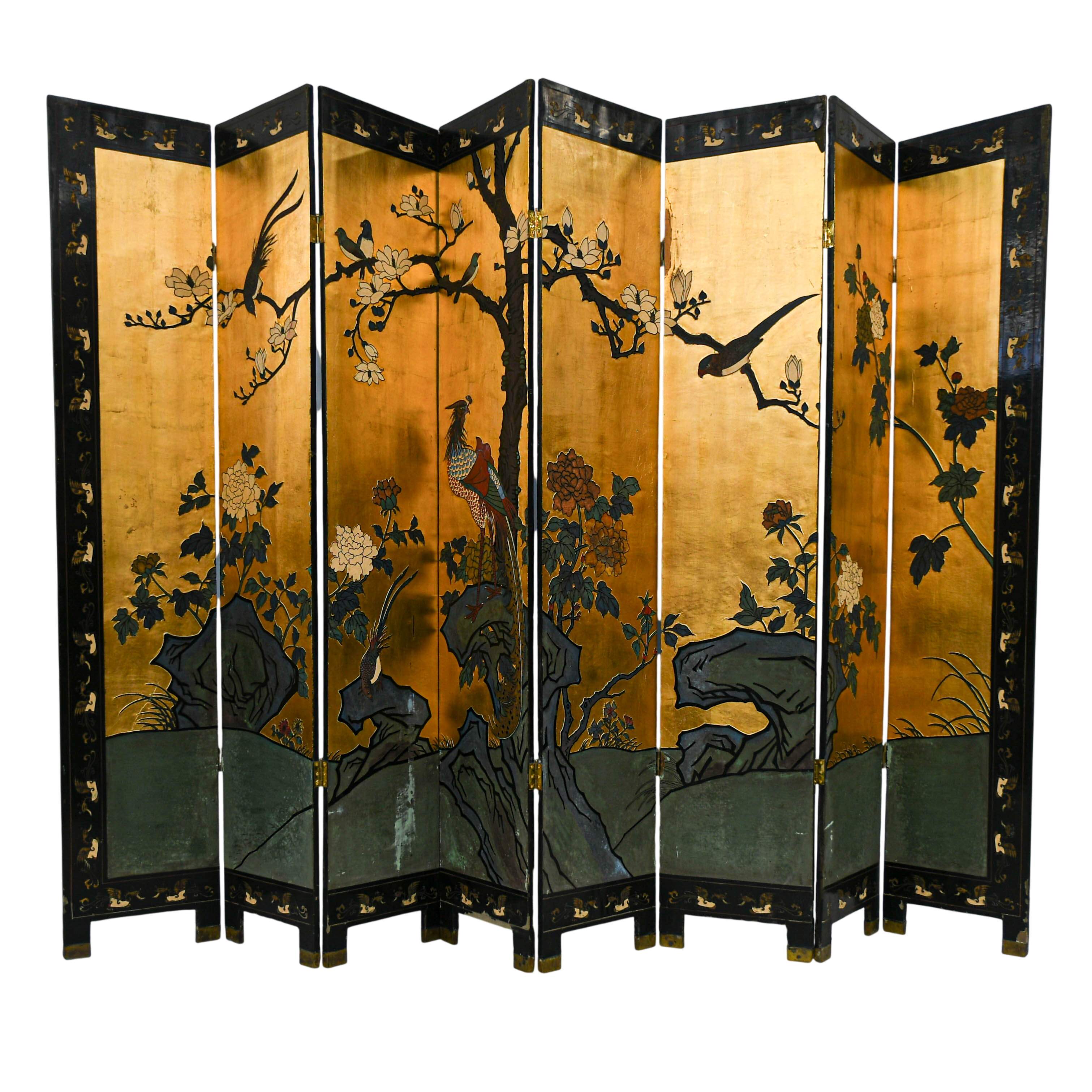 Chinese Eight Panel Black Lacquered Wooden Double Sided Room Screen Divider-1