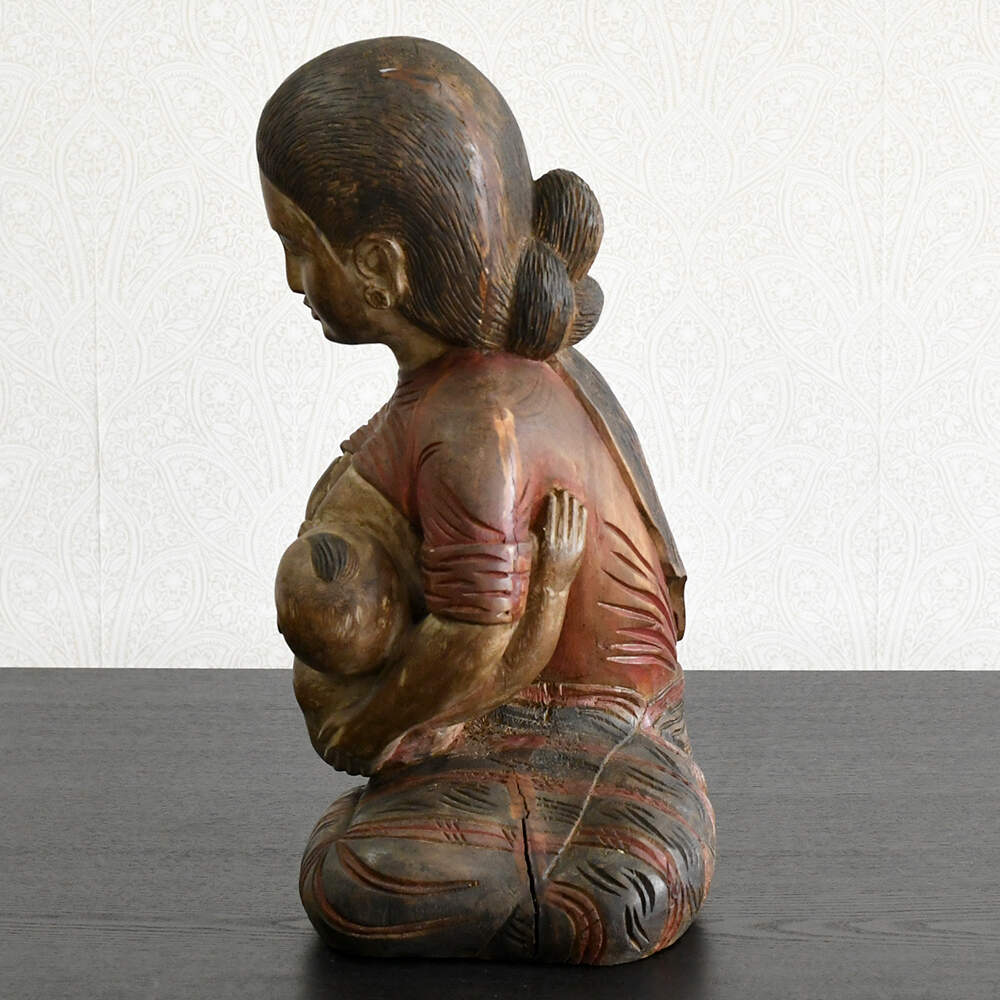 Hand-Carved Solid Wood Sculpture Mother and Baby-4