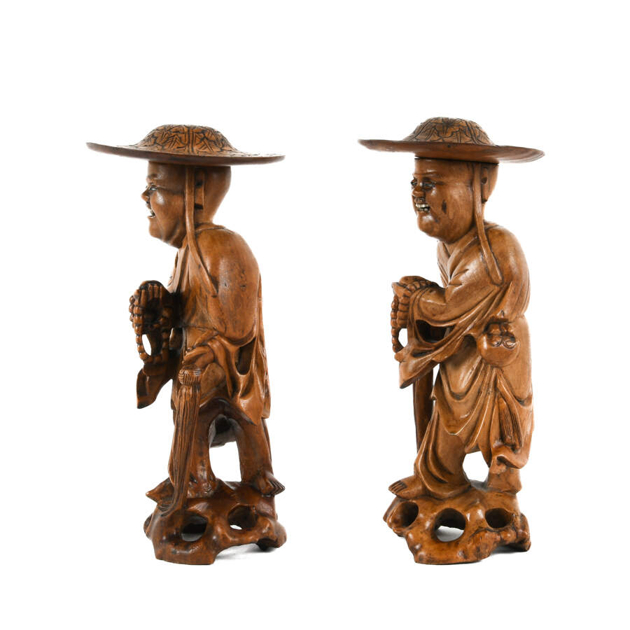 Pair of Chinese Carved Wood Immortal Travelers-2