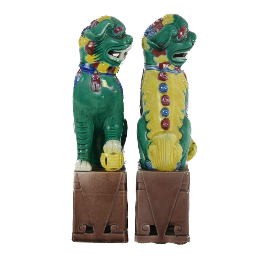 Antique Pair of Polychrome Imperial Lion Ceramic Figures-5