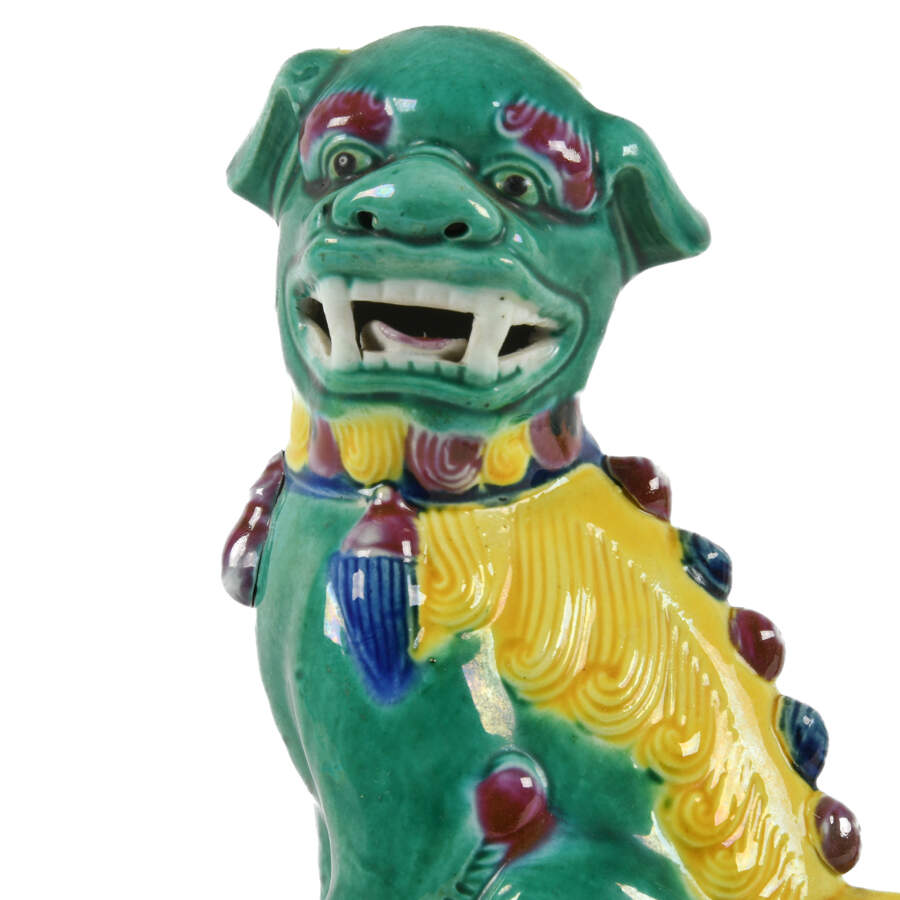 Antique Pair of Polychrome Imperial Lion Ceramic Figures-2