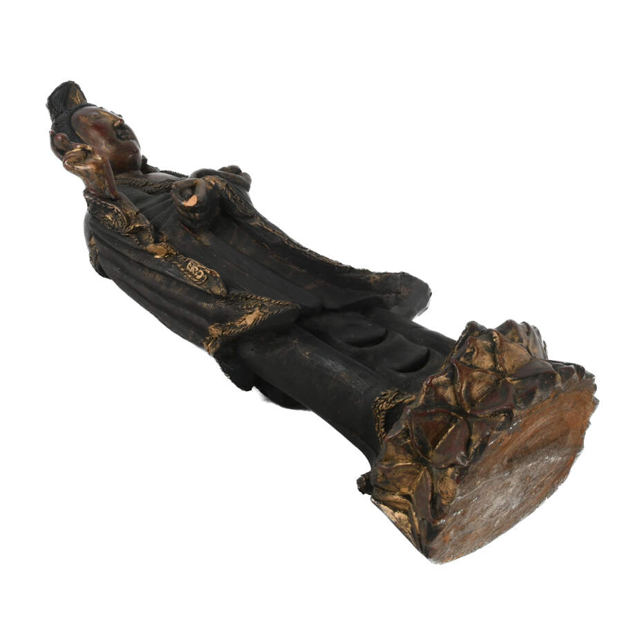 Antique Chinese Hand-Carved Wood Guan Yin on Lotus Flower-7