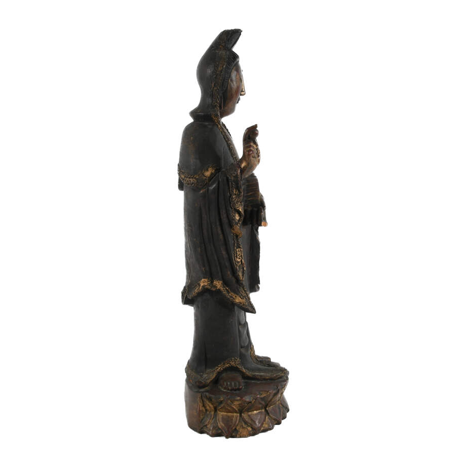 Antique Chinese Hand-Carved Wood Guan Yin on Lotus Flower-5