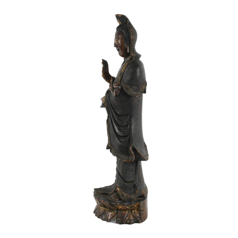 Antique Chinese Hand-Carved Wood Guan Yin on Lotus Flower-4