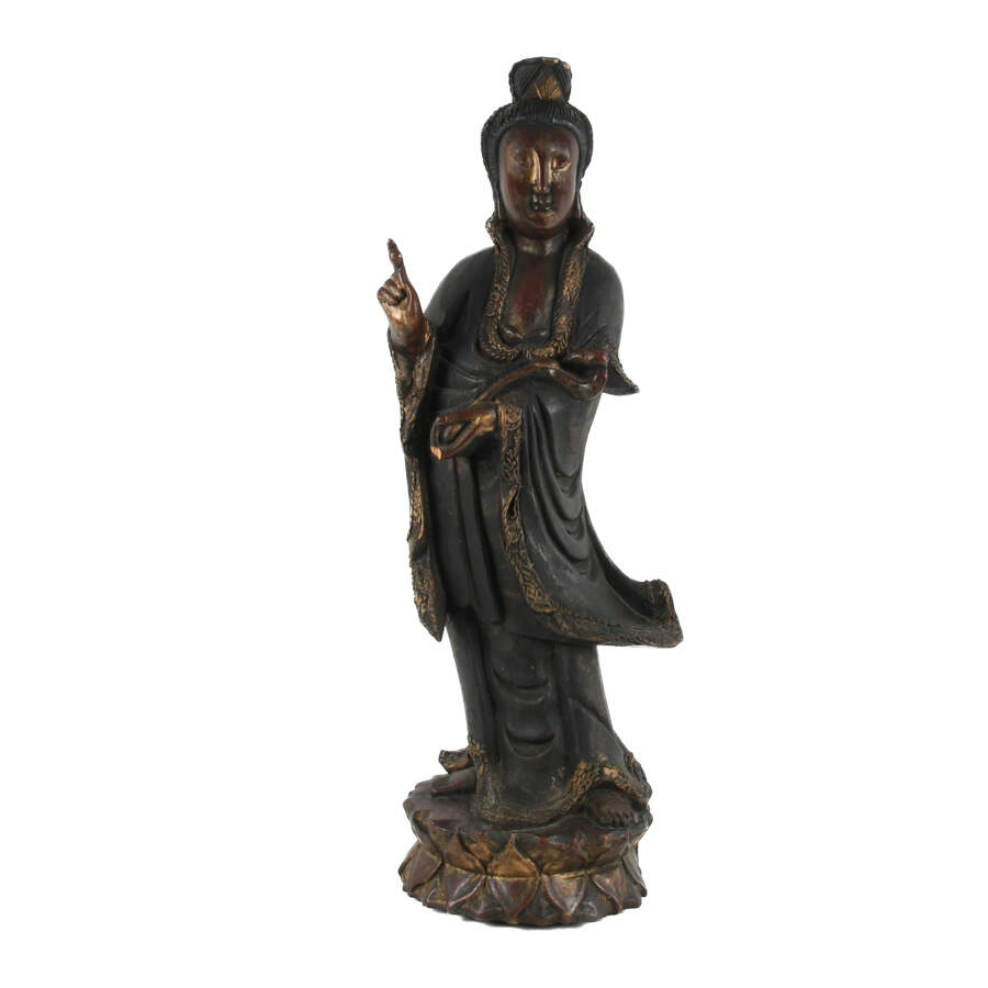 Antique Chinese Hand-Carved Wood Guan Yin on Lotus Flower-1