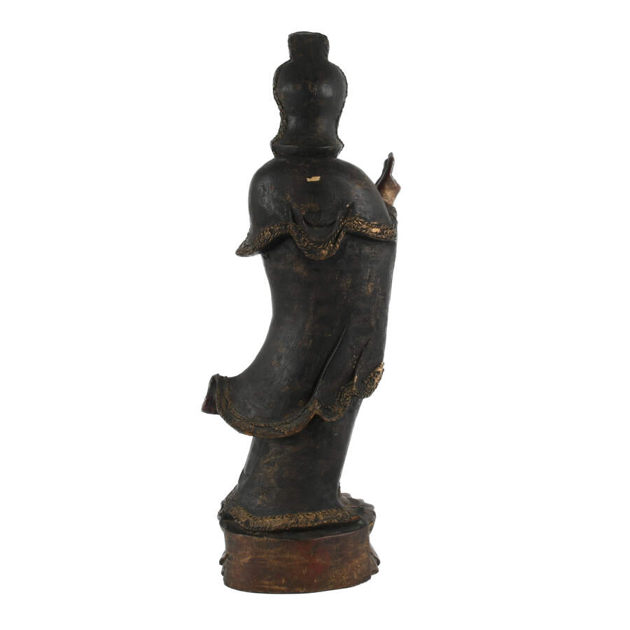 Antique Chinese Hand-Carved Wood Guan Yin on Lotus Flower-2