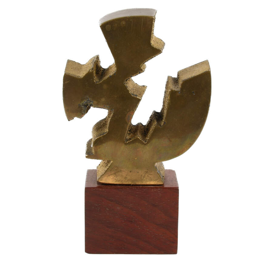 Signed Abstract Brass Sculpture on a Wooden Pedestal-4