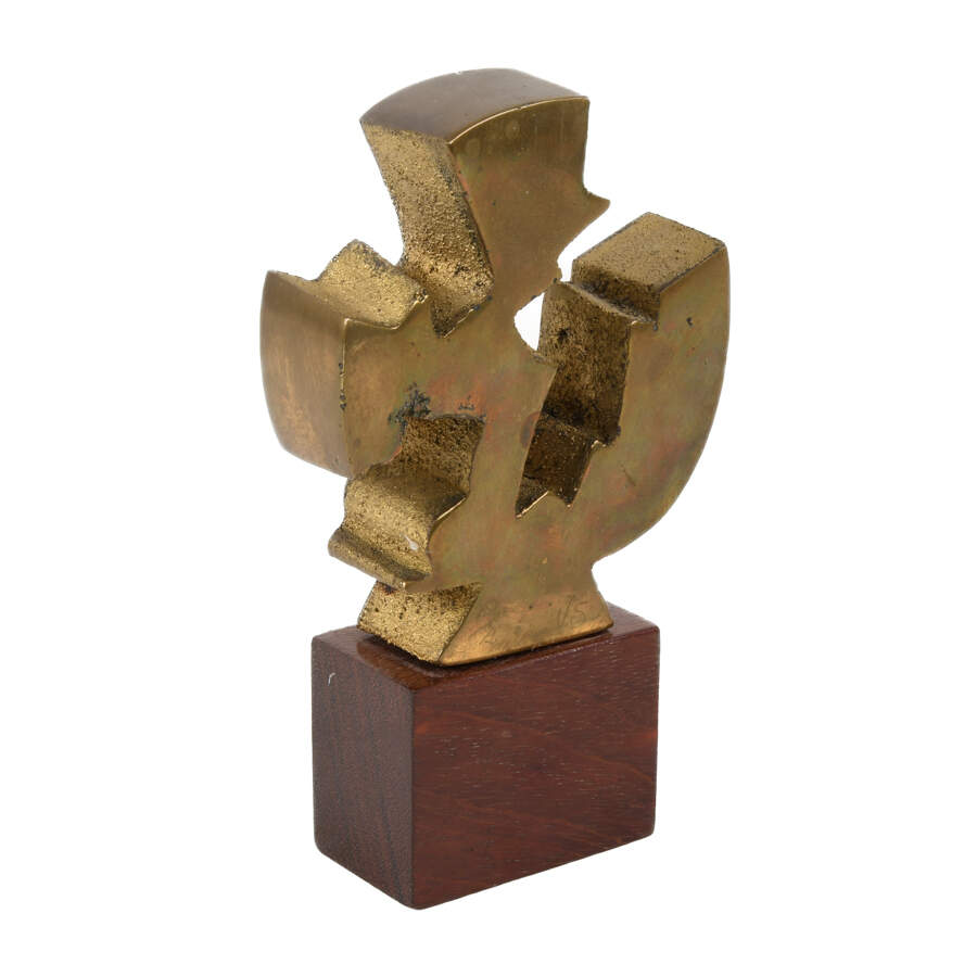 Signed Abstract Brass Sculpture on a Wooden Pedestal-3