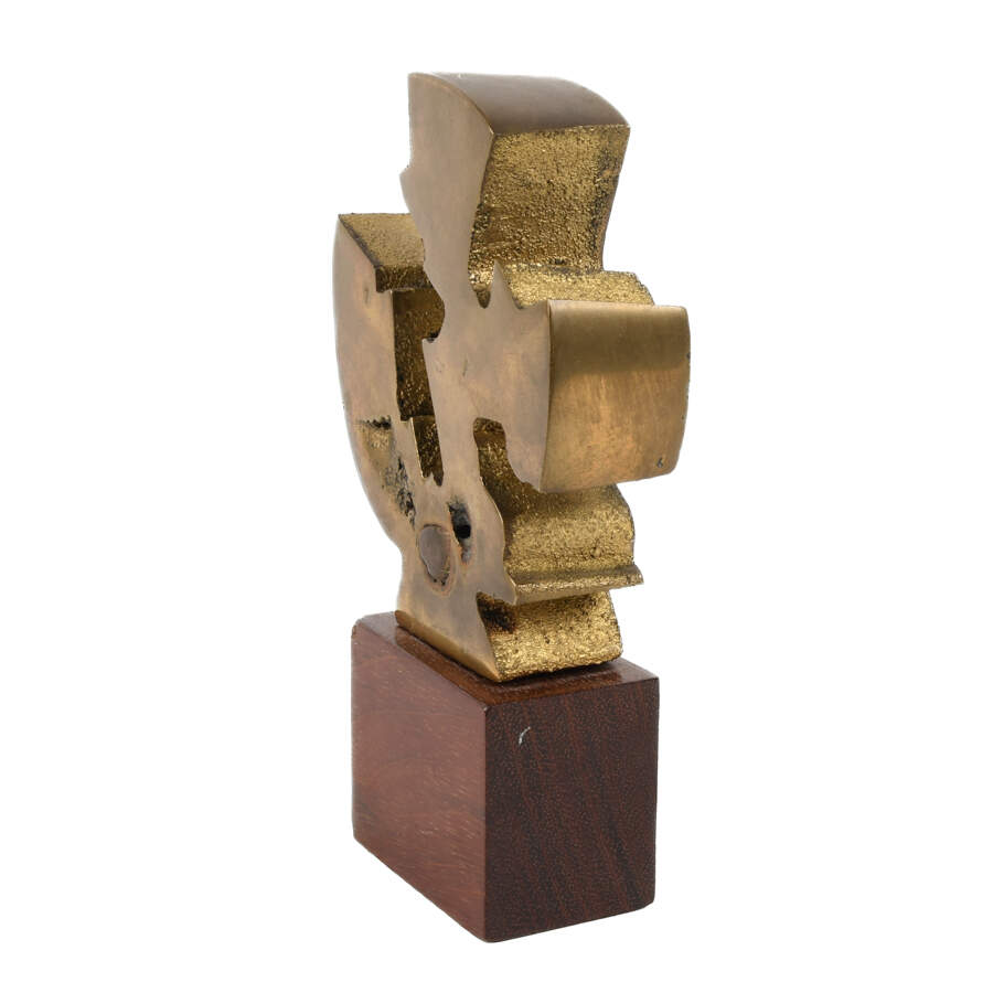 Signed Abstract Brass Sculpture on a Wooden Pedestal-2