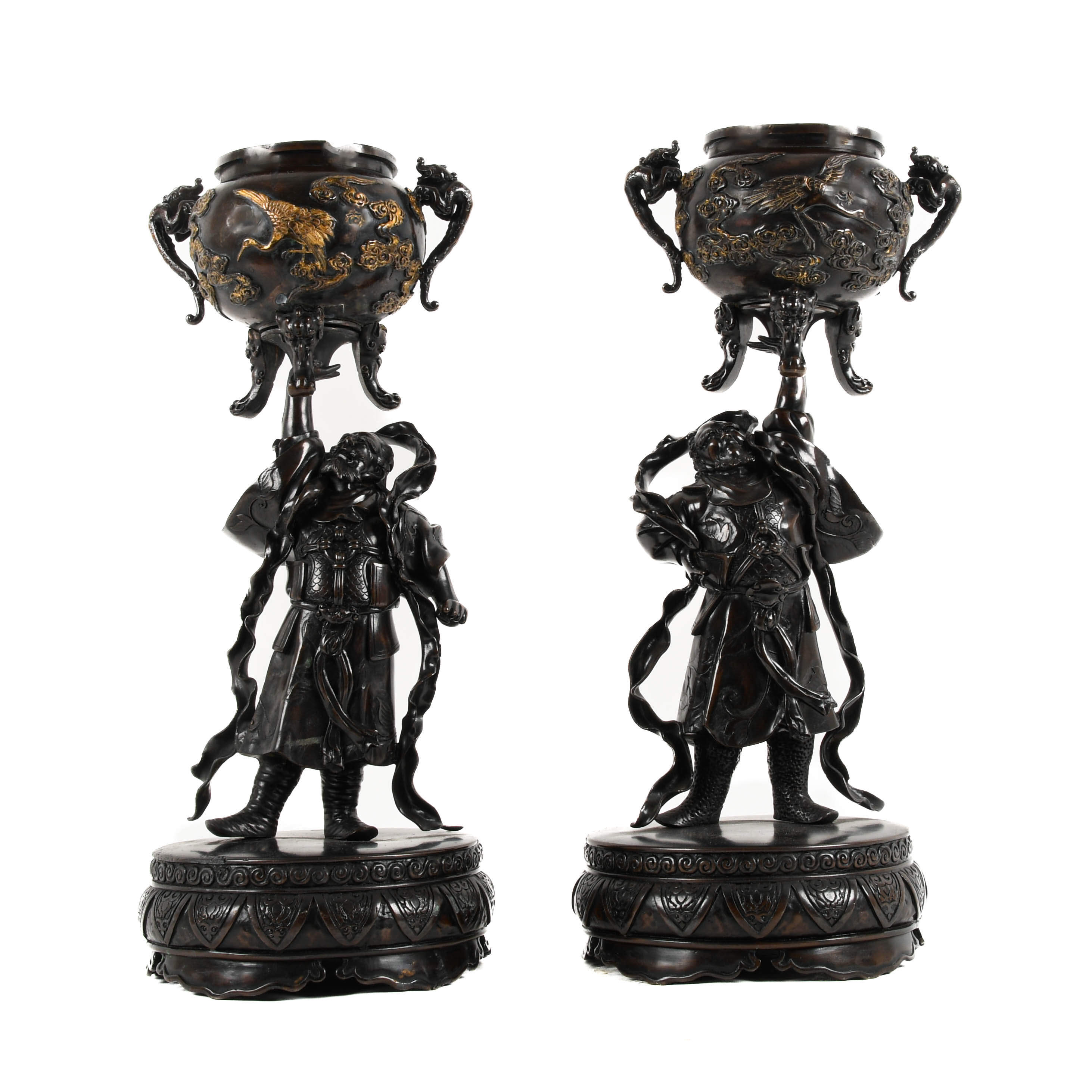 Antique Matched Pair of Japanese Warriors Lifting Footed Pots-1