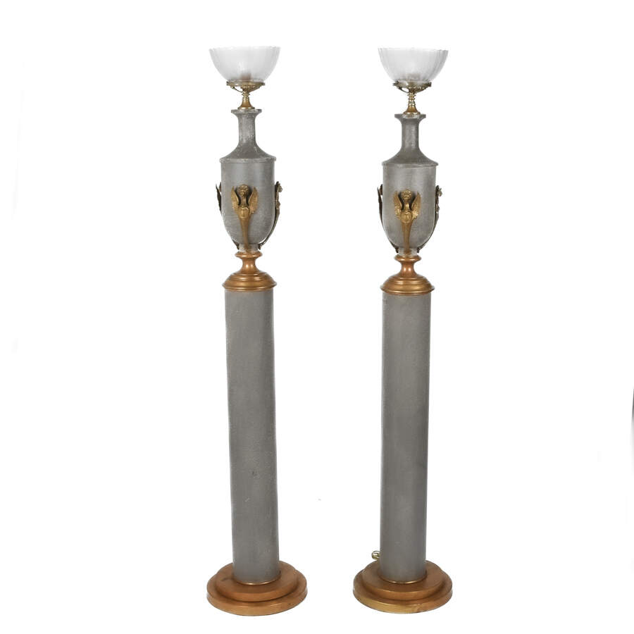 Pair of Neoclassical Floor Lamps with Etched Glass Shades-5