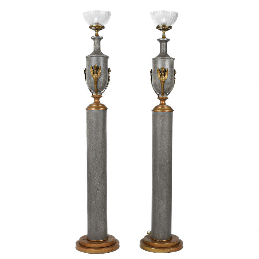 Pair of Neoclassical Floor Lamps with Etched Glass Shades-1