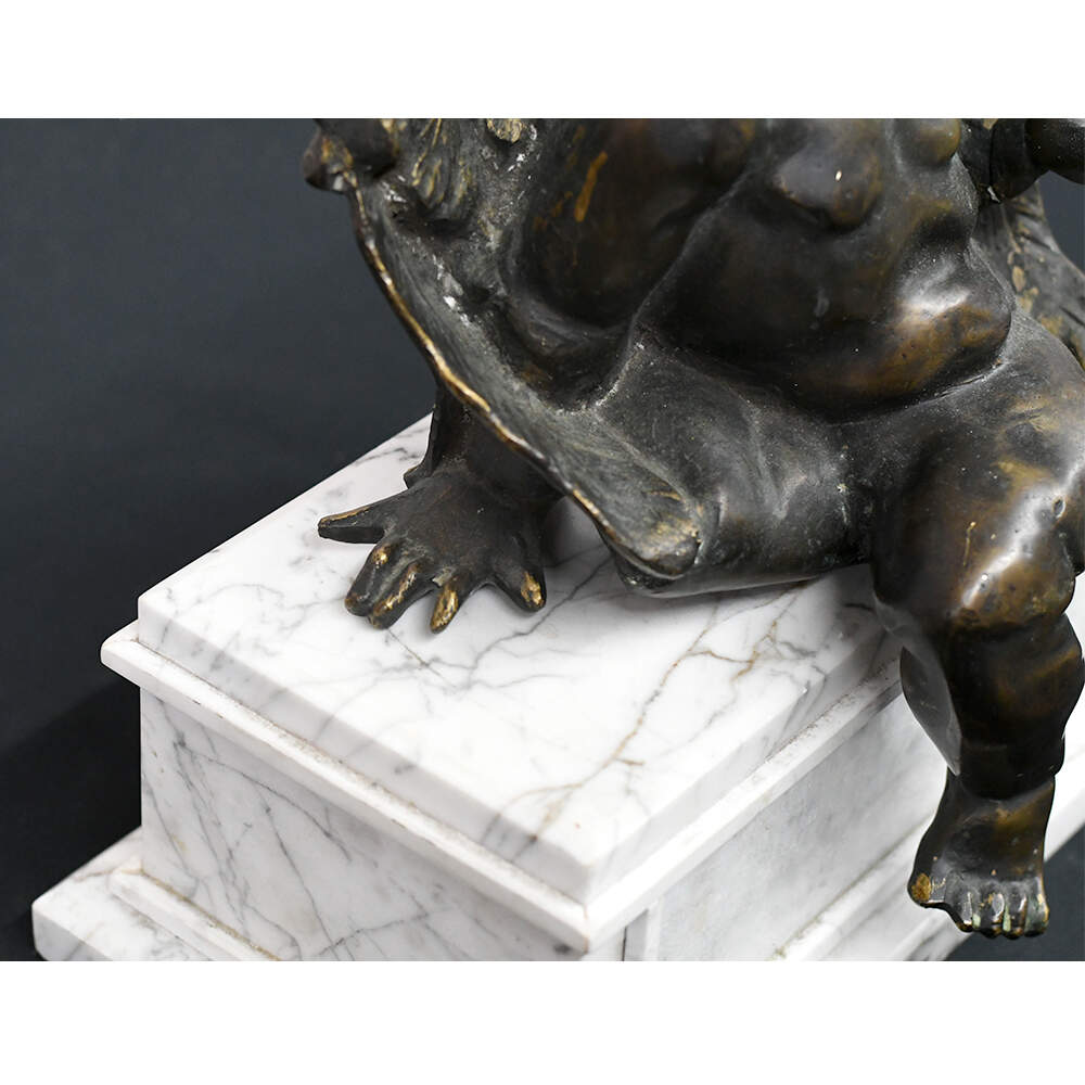 Vintage Bronze Sculpture of Cupid Sitting on a Marble Base-6