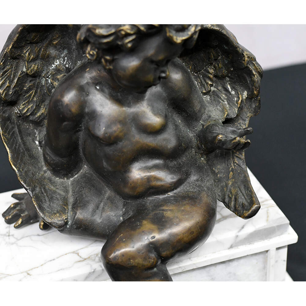 Vintage Bronze Sculpture of Cupid Sitting on a Marble Base-5
