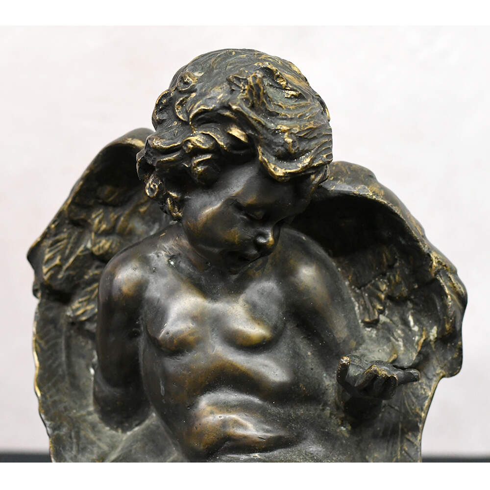 Vintage Bronze Sculpture of Cupid Sitting on a Marble Base-4